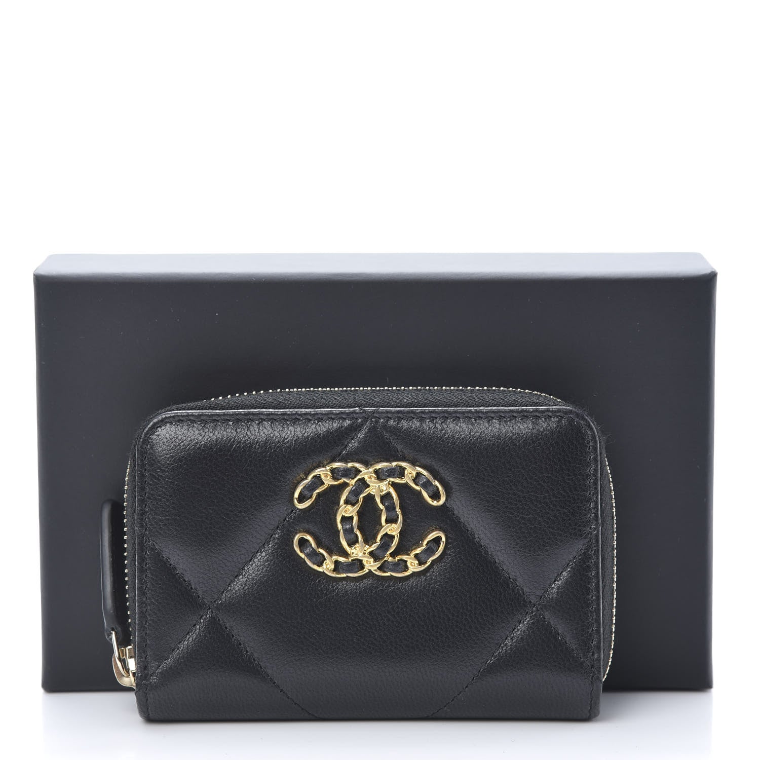 Chanel Shiny Goatskin Quilted Chanel 19 Zip Around Coin Purse Wallet Black 8 of 8