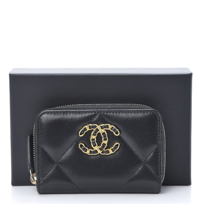 Chanel Shiny Goatskin Quilted Chanel 19 Zip Around Coin Purse Wallet Black 8 of 8