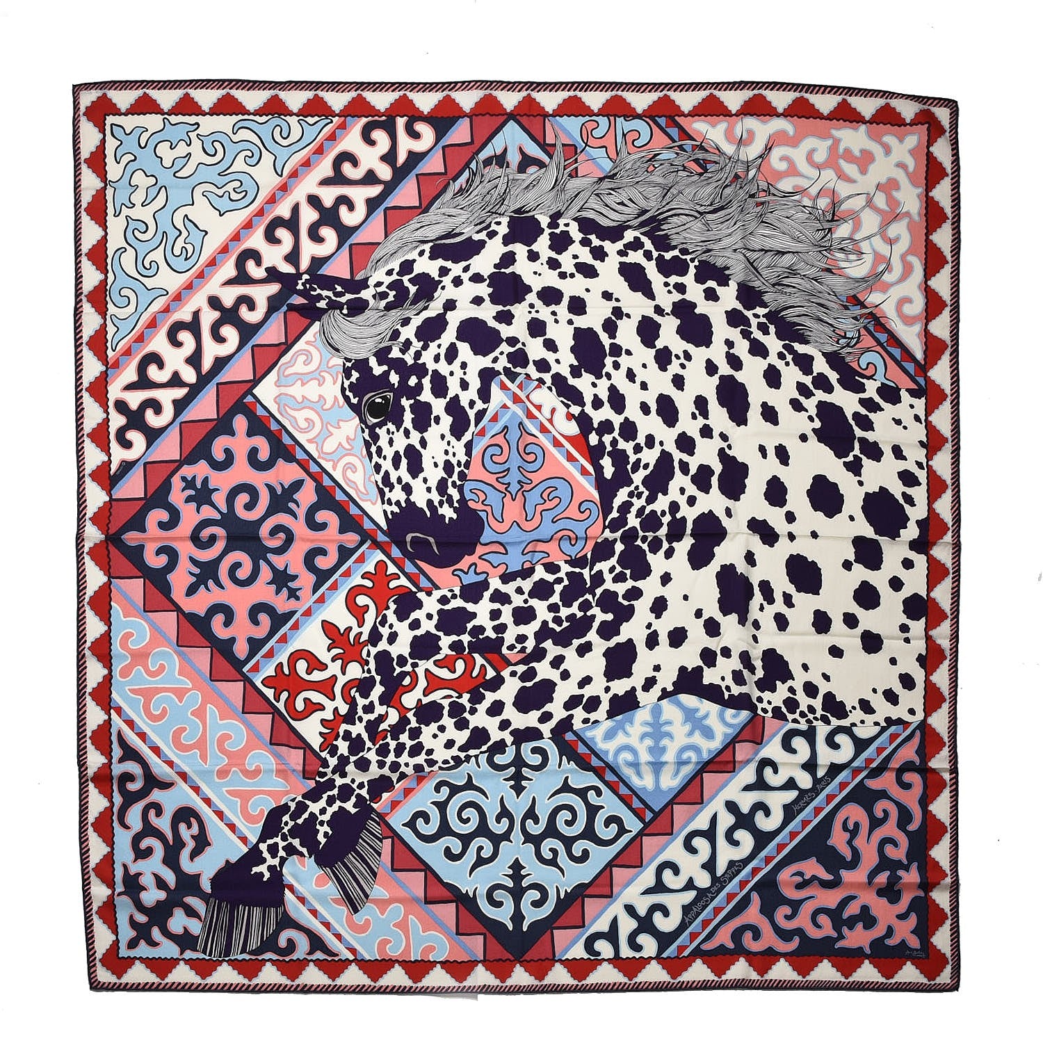 Hermes Cashmere Silk Appaloosa Des Steppes Shawl 140 Creme Violet Rouge 1 of 6