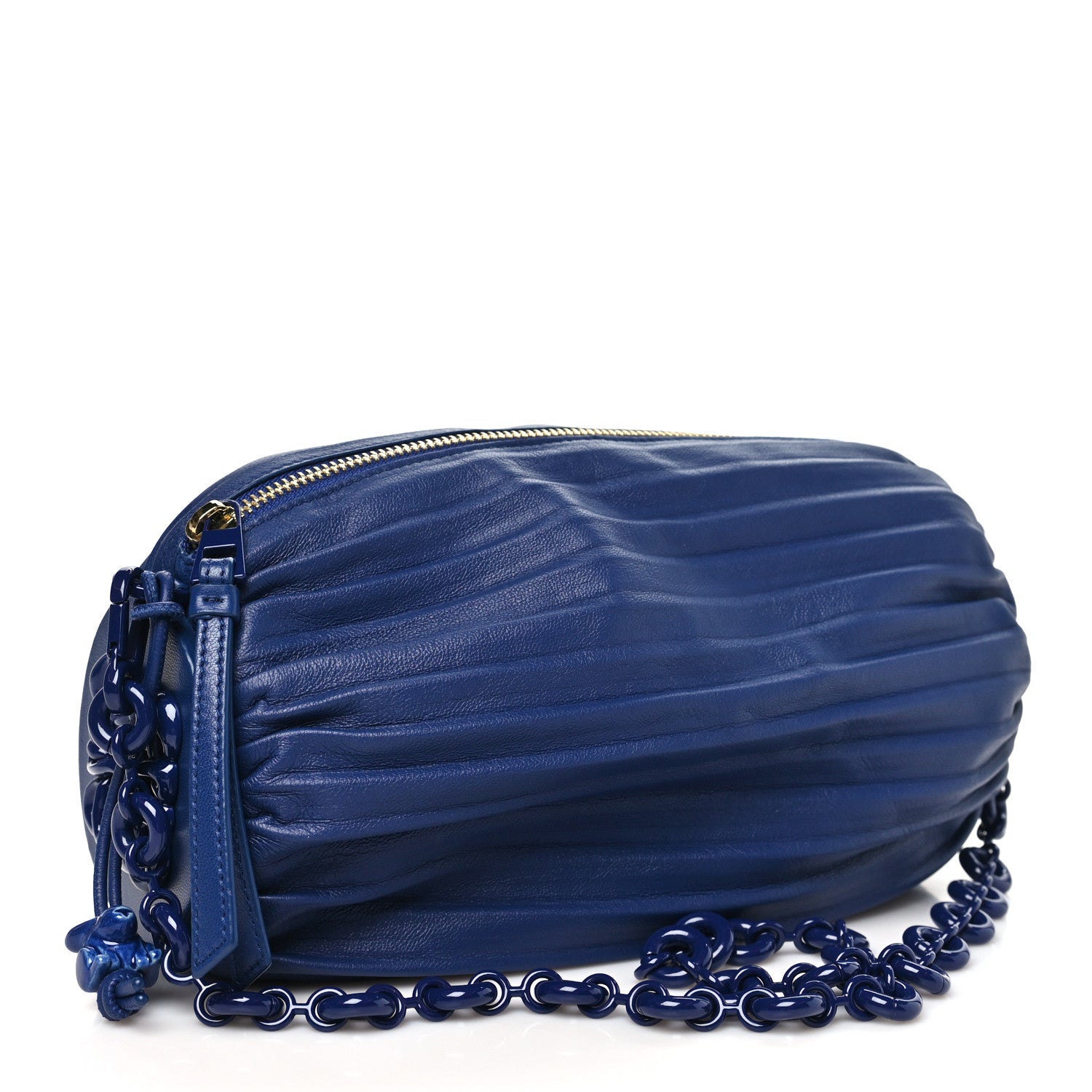Loewe Lambskin Pleated Bracelet Pouch Chain Shoulder Bag Blue 3 of 9