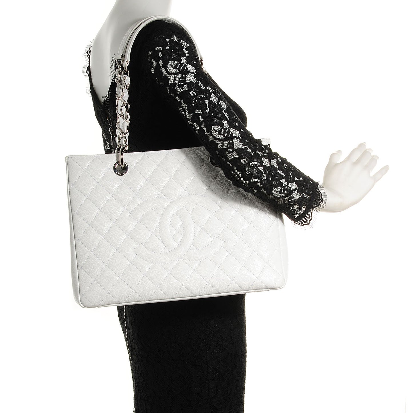 Caviar Quilted Grand Shopping Tote GST White