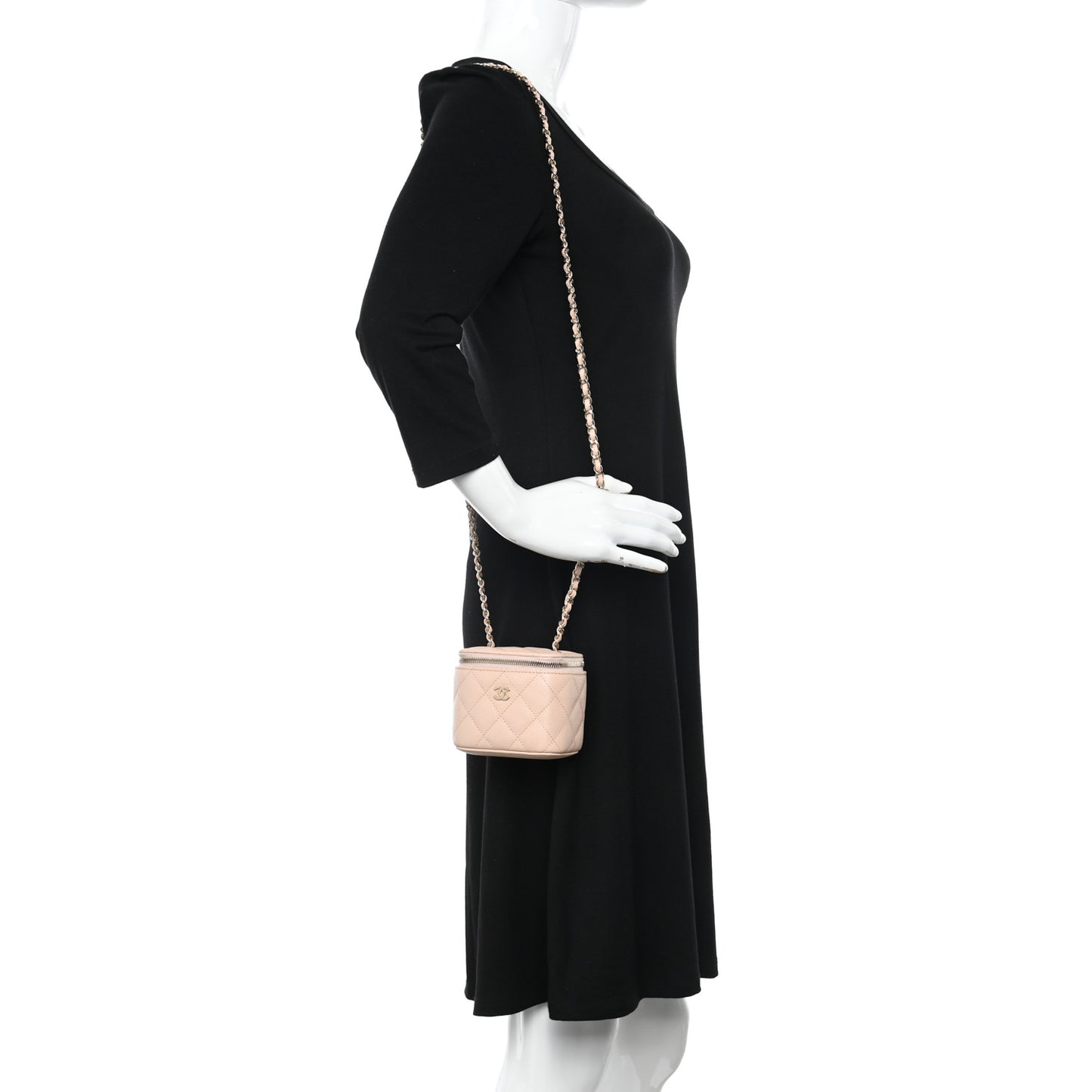 Caviar Quilted Mini Vanity Case With Chain Light Beige