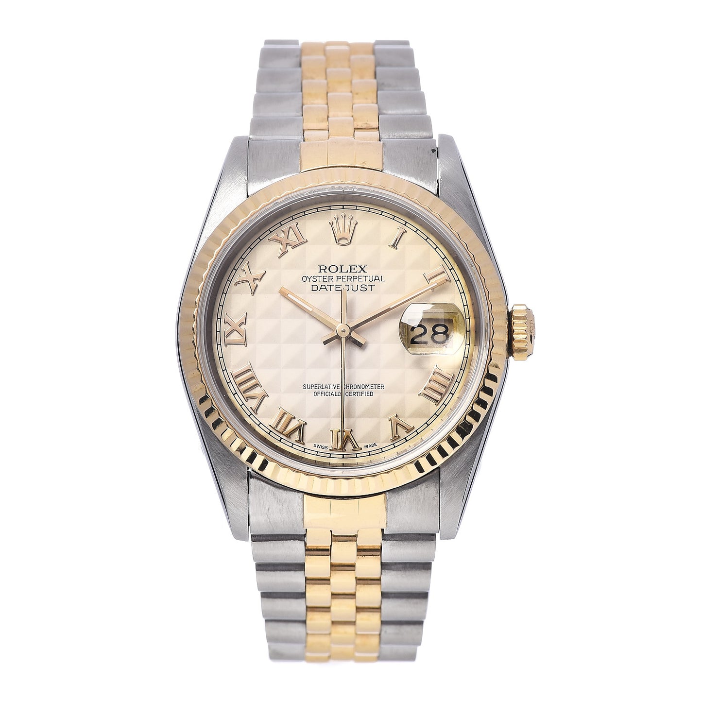 Stainless Steel 18K Yellow Gold 36mm Oyster Perpetual Datejust Watch Champagne Pyramid Roman 16233