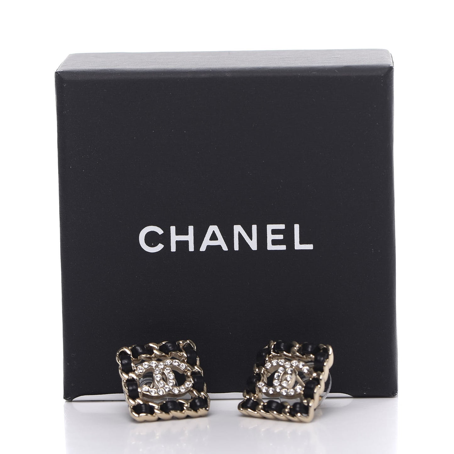 Crystal Lambskin Chain Sergeant Stud Earrings Black Gold