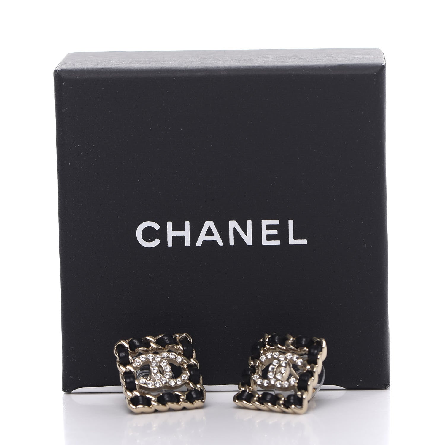 Chanel Crystal Lambskin Chain Sergeant Stud Earrings Black Gold 4 of 4