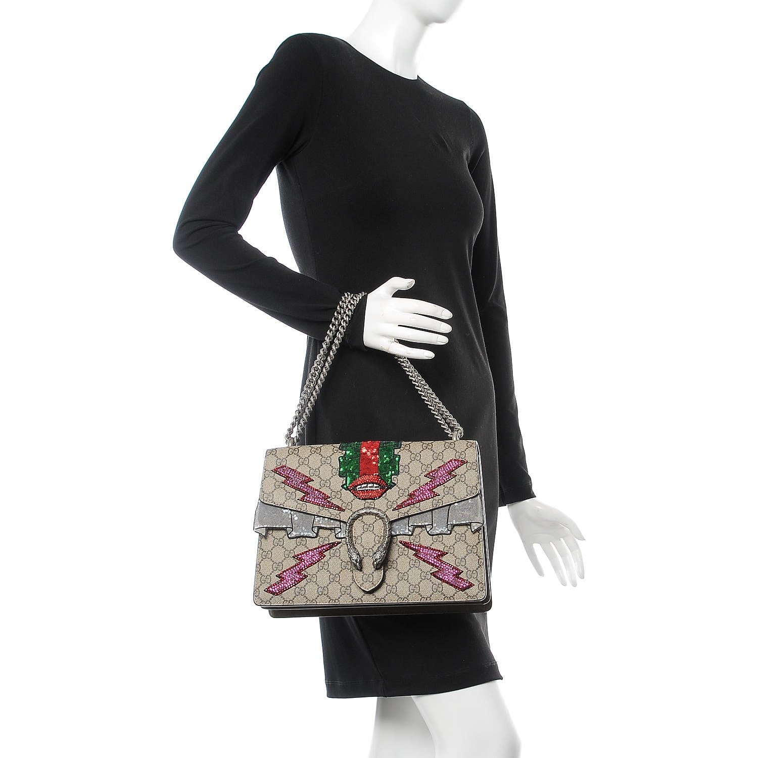 Gucci GG Supreme Monogram Lightning Embroidered Medium Dionysus Shoulder Bag Beige 2 of 9