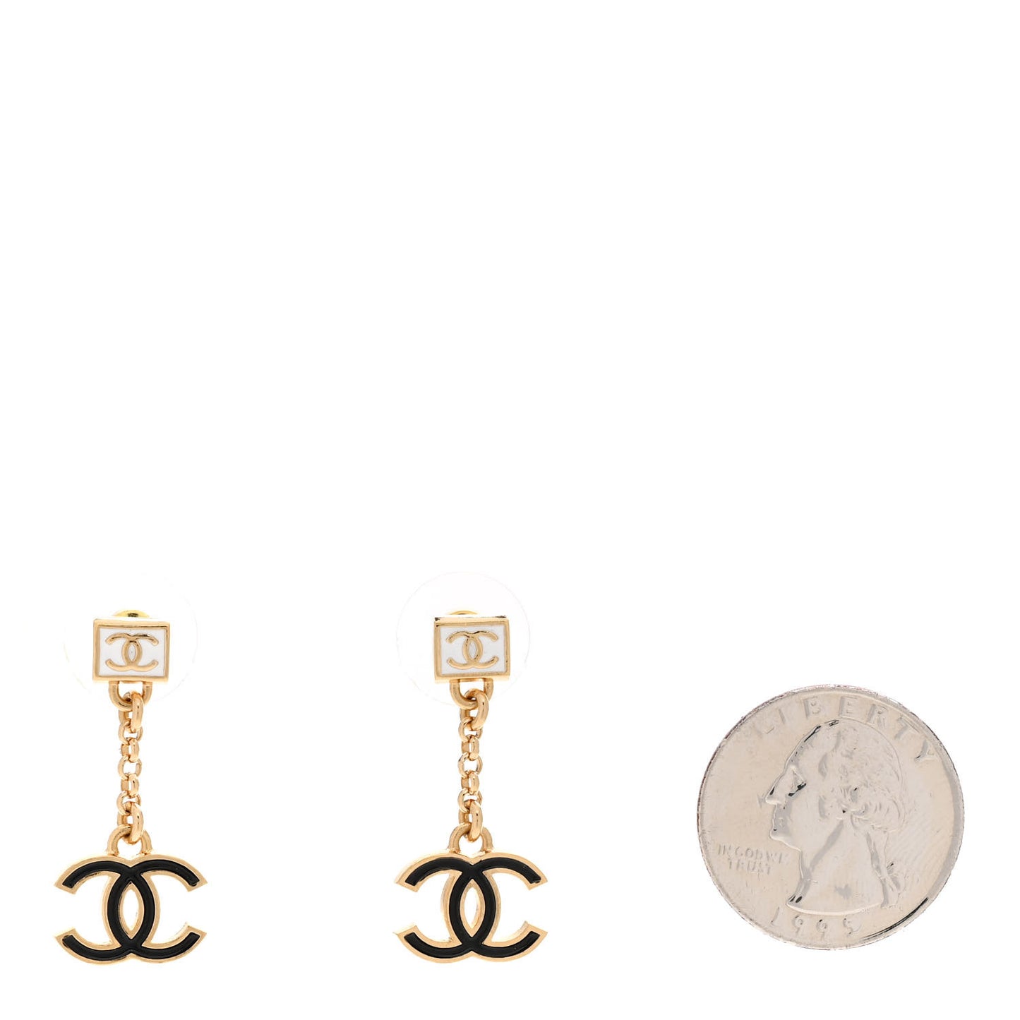 Metal Enamel CC Square Drop Earrings Black Gold White