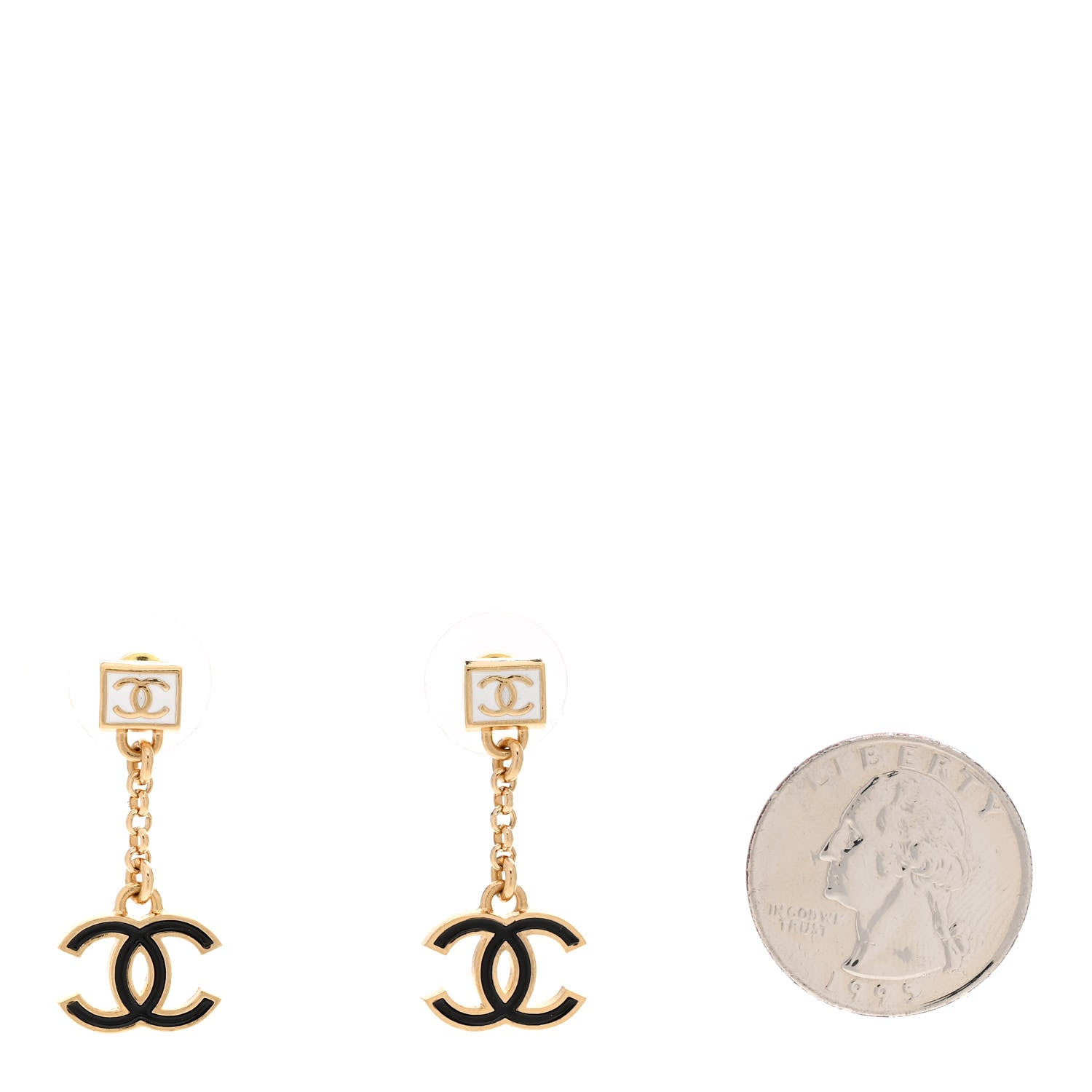 Chanel Metal Enamel CC Square Drop Earrings Black Gold White 2 of 5