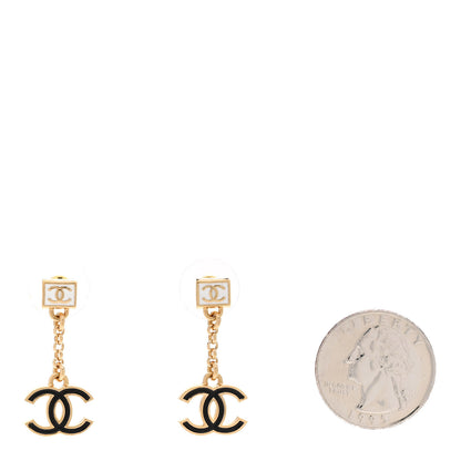 Chanel Metal Enamel CC Square Drop Earrings Black Gold White 2 of 5