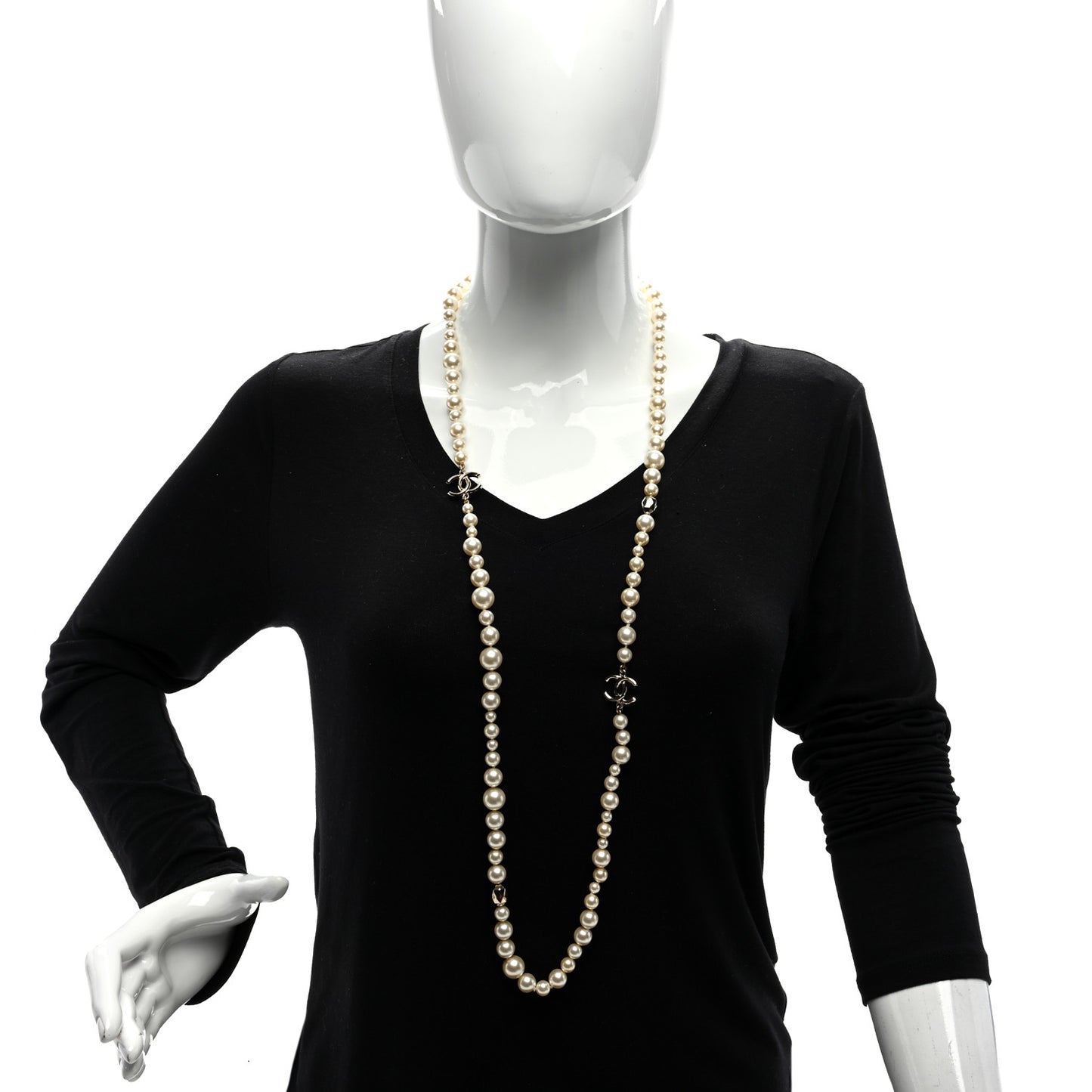 Resin Pearl Metal CC Long Necklace Golden Pearly Beige
