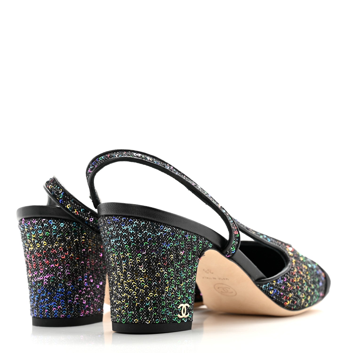 Chanel Glitter Grosgrain Cap Toe CC Slingback Pumps 38 Black Multicolor 4 of 11