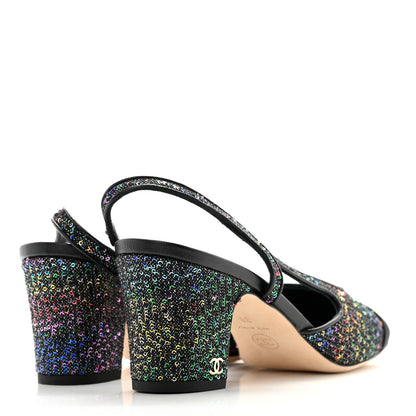 Chanel Glitter Grosgrain Cap Toe CC Slingback Pumps 38 Black Multicolor 4 of 11