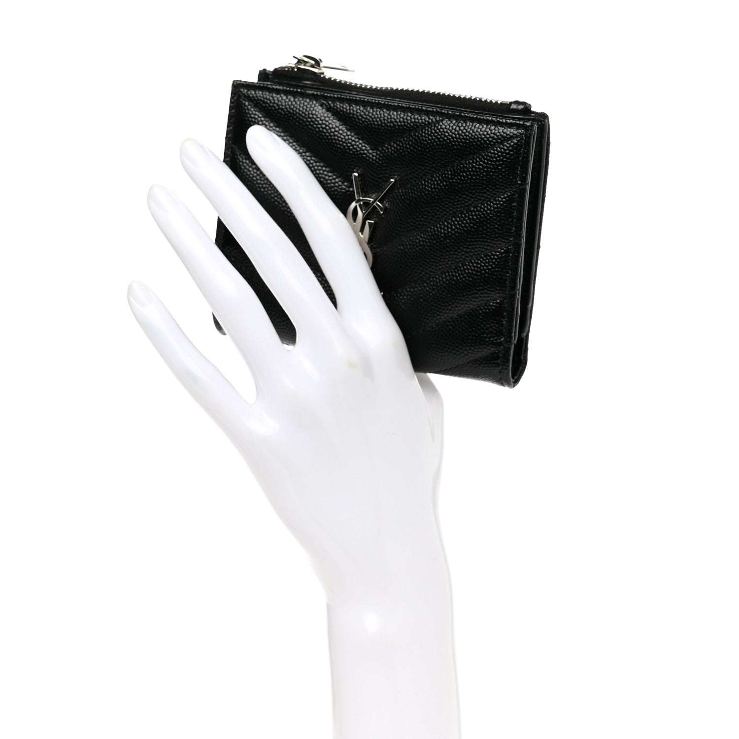 Saint Laurent Grain De Poudre Matelasse Chevron Monogram Zipped Card Case Black 2 of 9