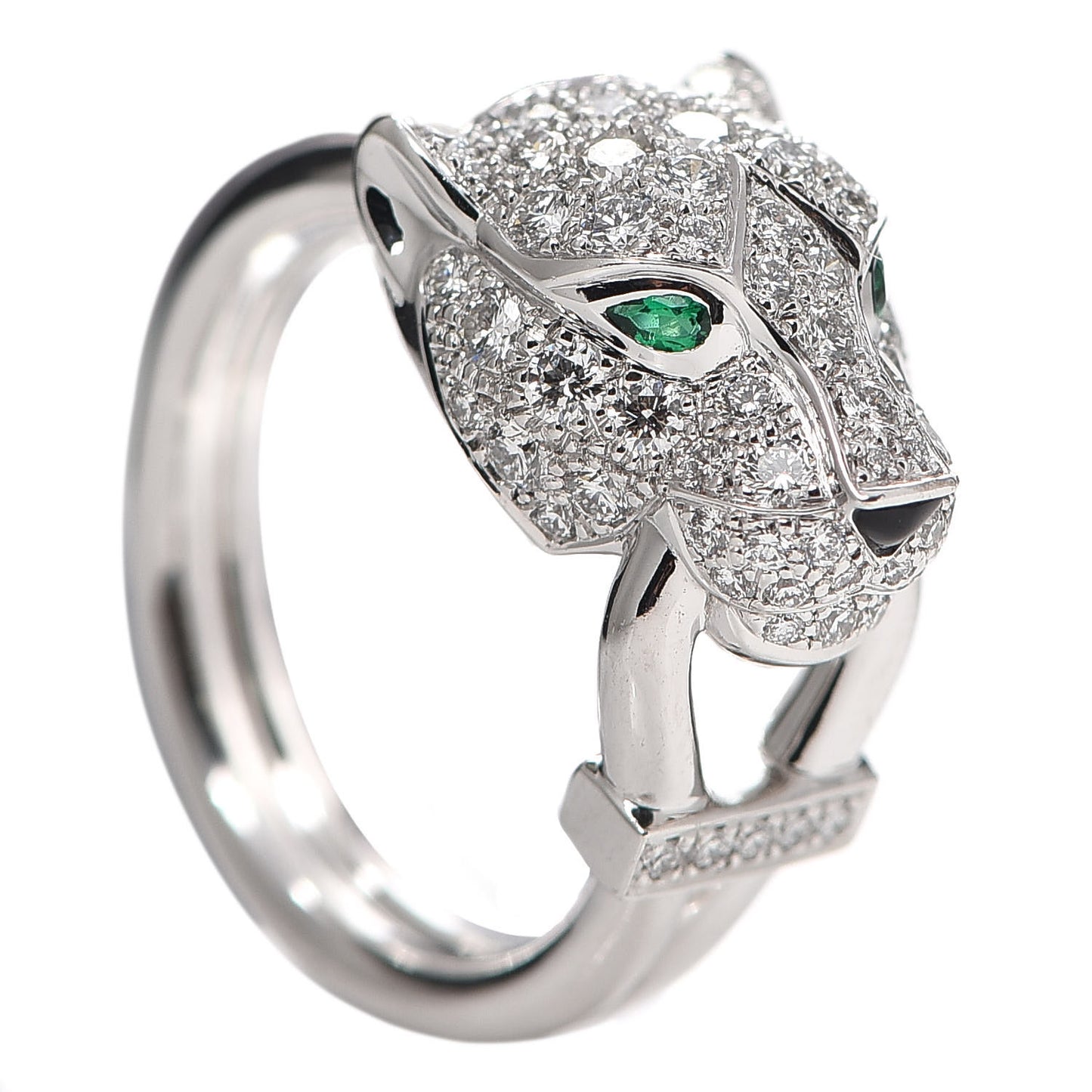 18K White Gold Diamond Emerald Black Onyx Panthere de Cartier Ring 49 4.75