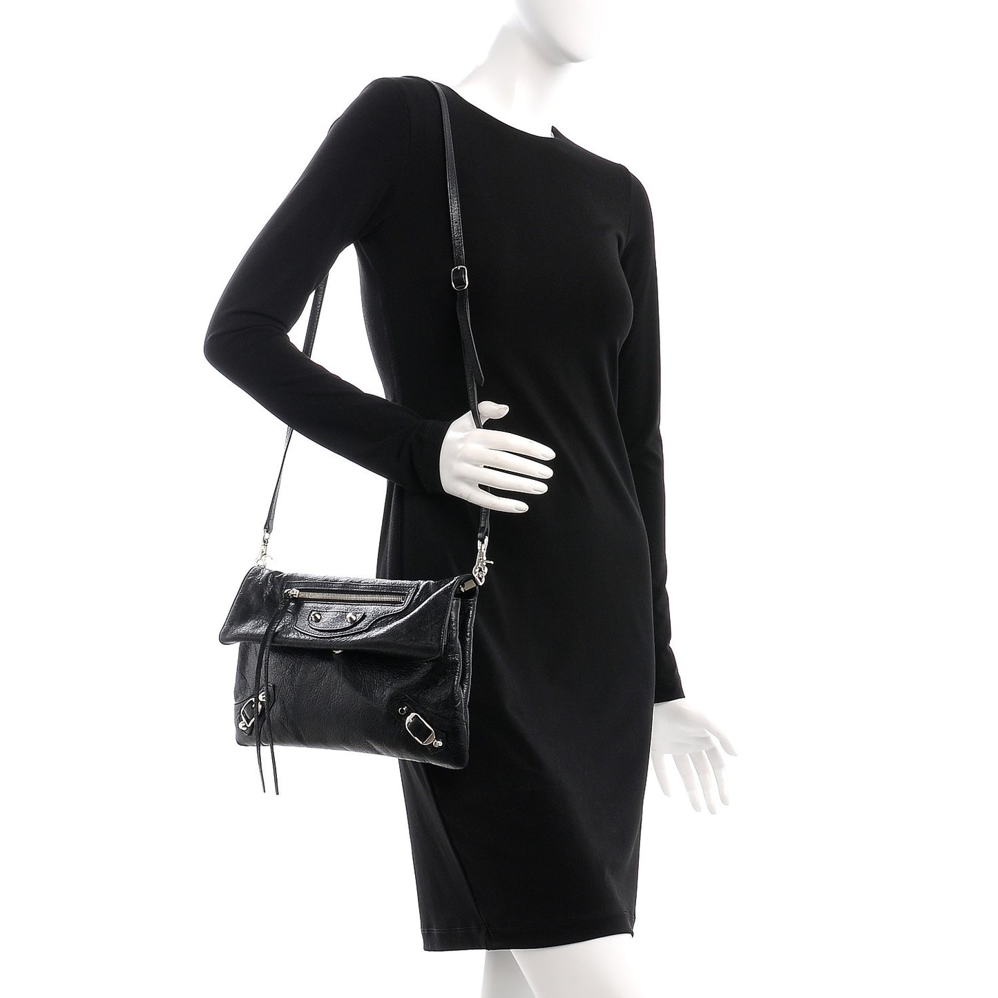 Agneau Classic Silver Hardware Envelope Strap Clutch Black