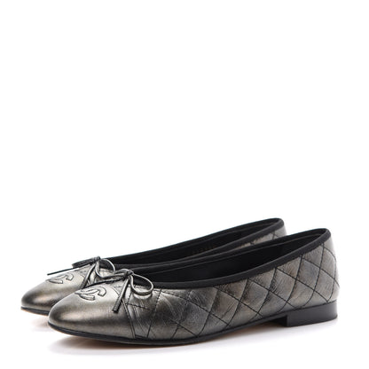 Chanel Metallic Aged Calfskin Quilted CC Cap Toe Ballerina Flats 37.5 Dark Silver 3 of 11