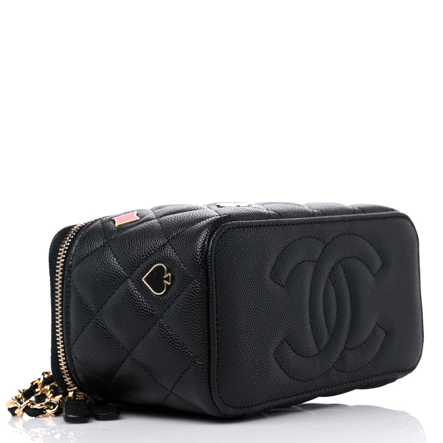 Caviar Quilted Enamel Coco Casino Small Vanity Case With Chain Black