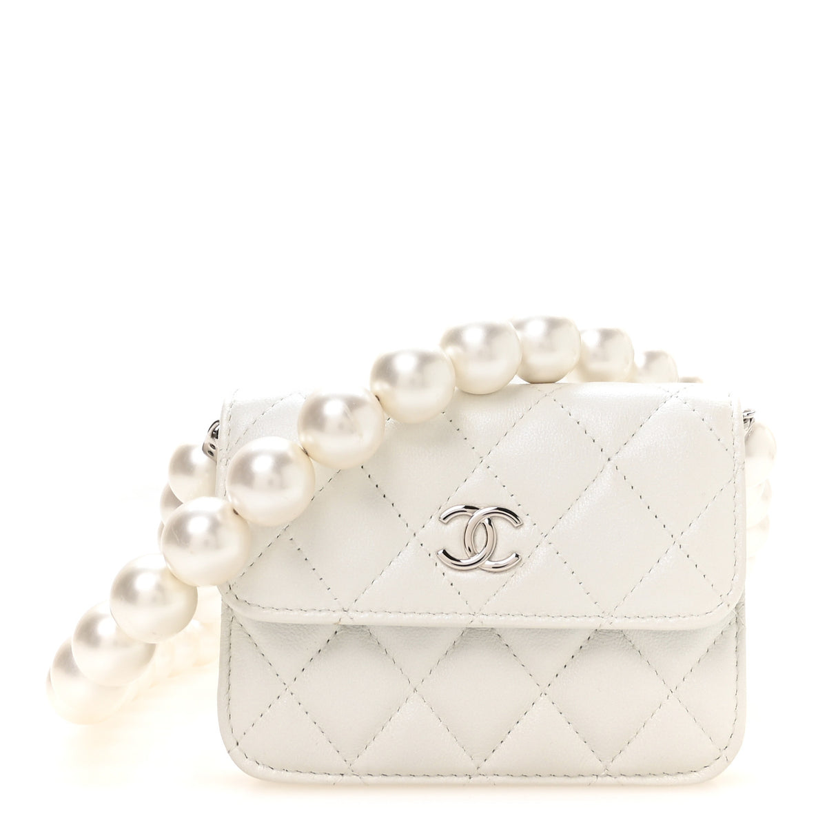 Calfskin Quilted Mini Maxi Pearls Wallet On Chain WOC White