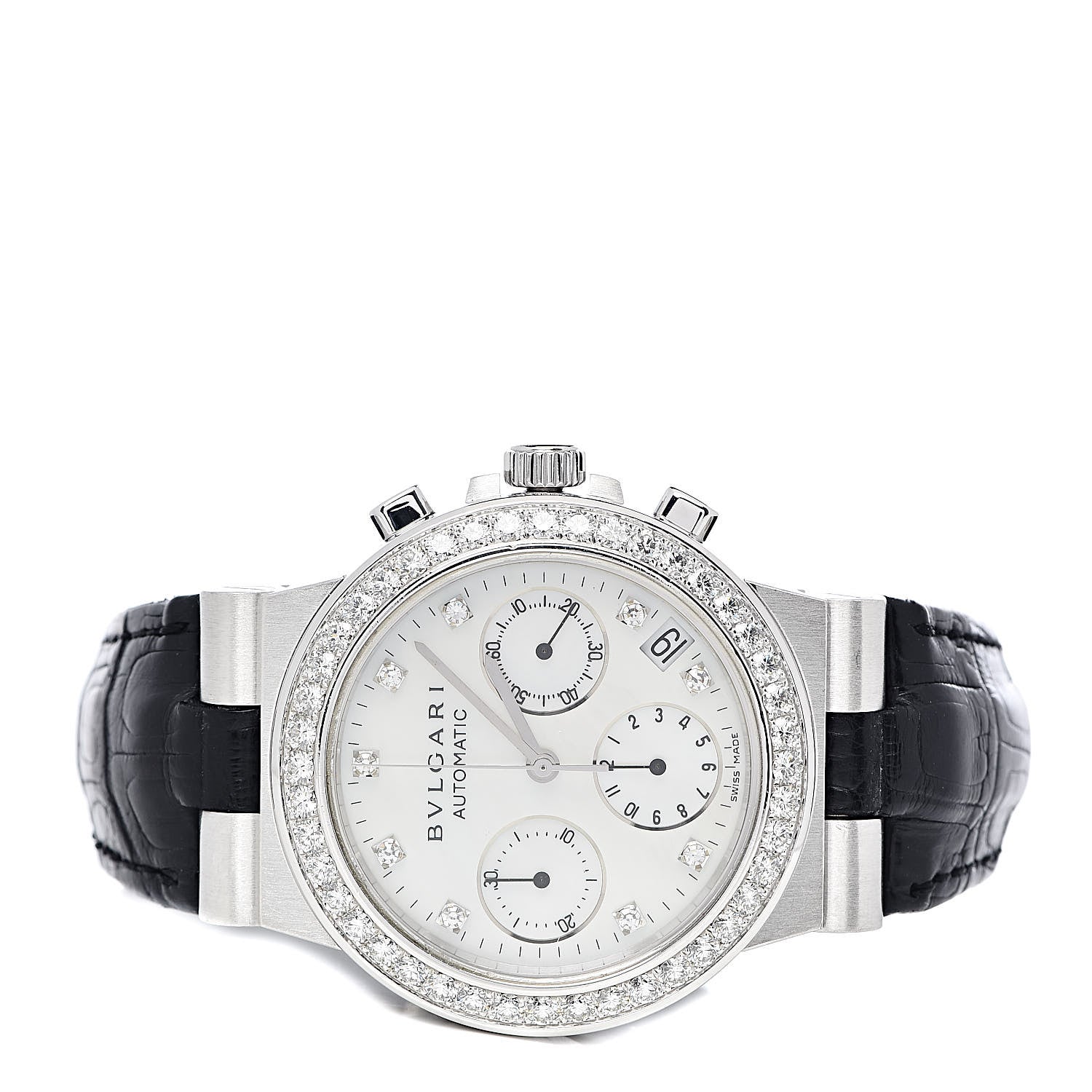 Bulgari 18K White Gold Alligator Diamond Bezel Mother of Pearl 35mm Diagono Chronograph Automatic Watch 3 of 6