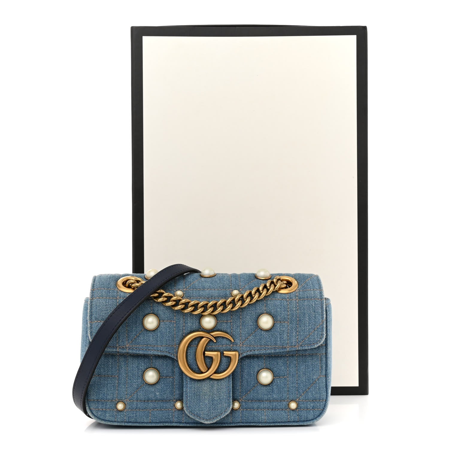 Gucci Denim Matelasse Pearl Studded Mini GG Marmont Shoulder Bag Blue 12 of 12