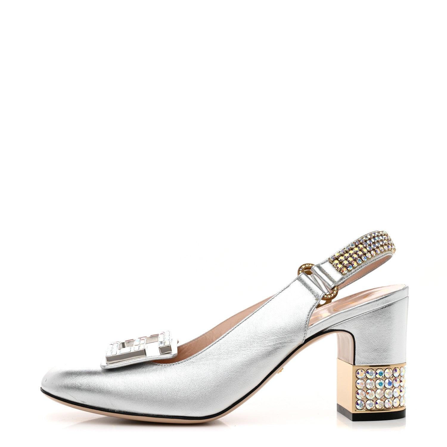 Gucci Metallic Nappa Crystal Square G Madelyn Slingbacks 40 Silver 1 of 8