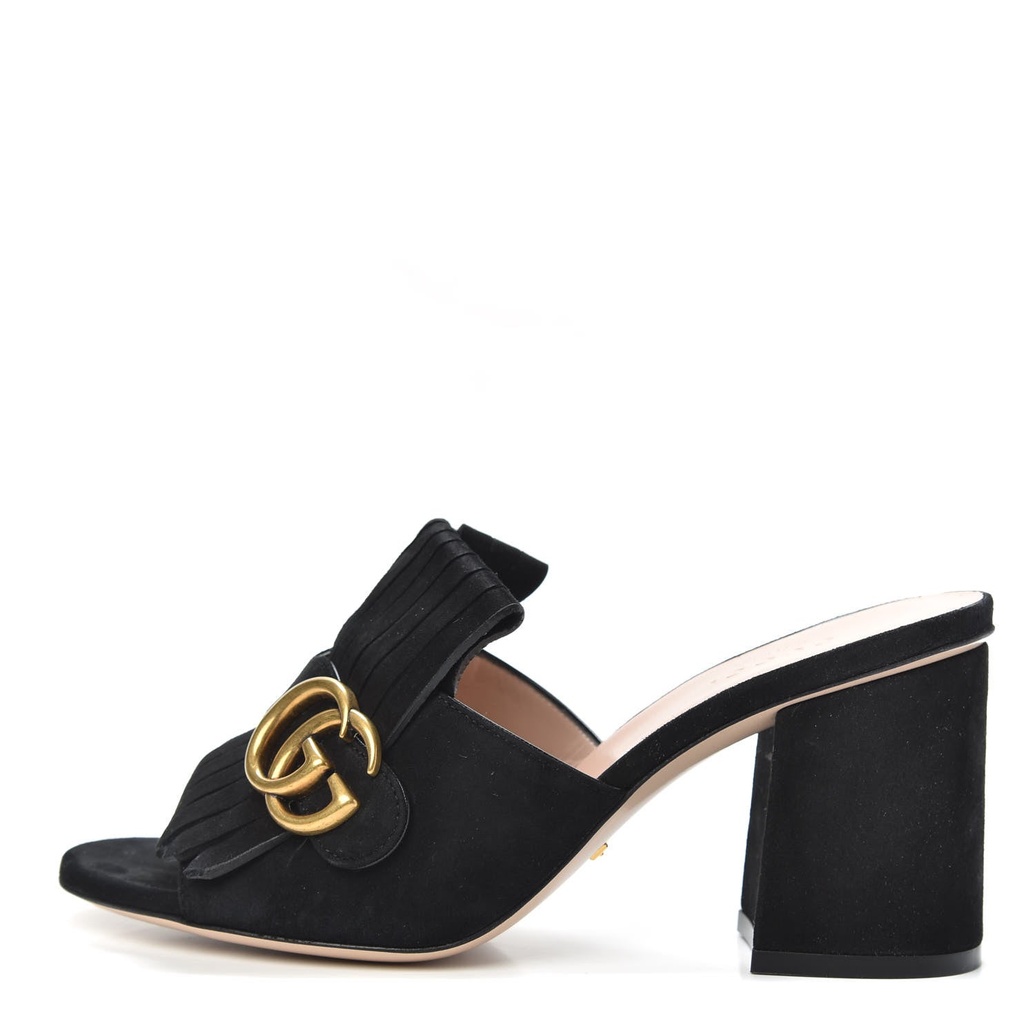 Gucci Kid Scamosciato GG Marmont Fringe 75mm Slide Sandals 37 Black 1 of 8