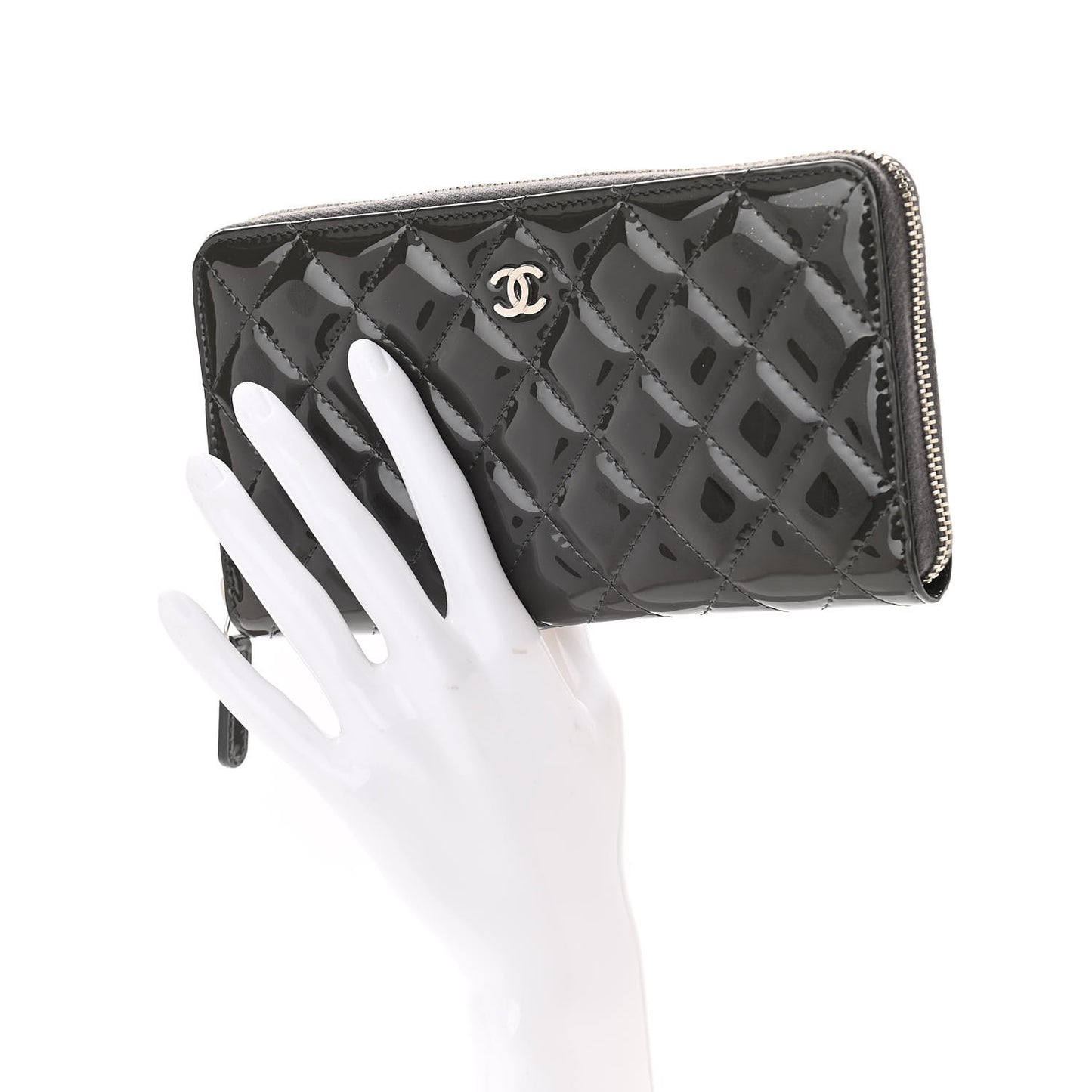 Patent Calfskin Zip Around Wallet Dark Grey