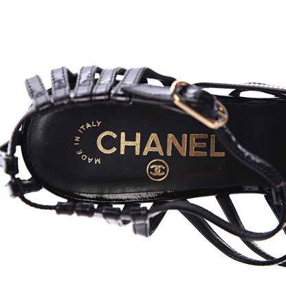 Chanel Patent Calfskin Crystal Bow Strappy Sandals 37.5 Black 6 of 11