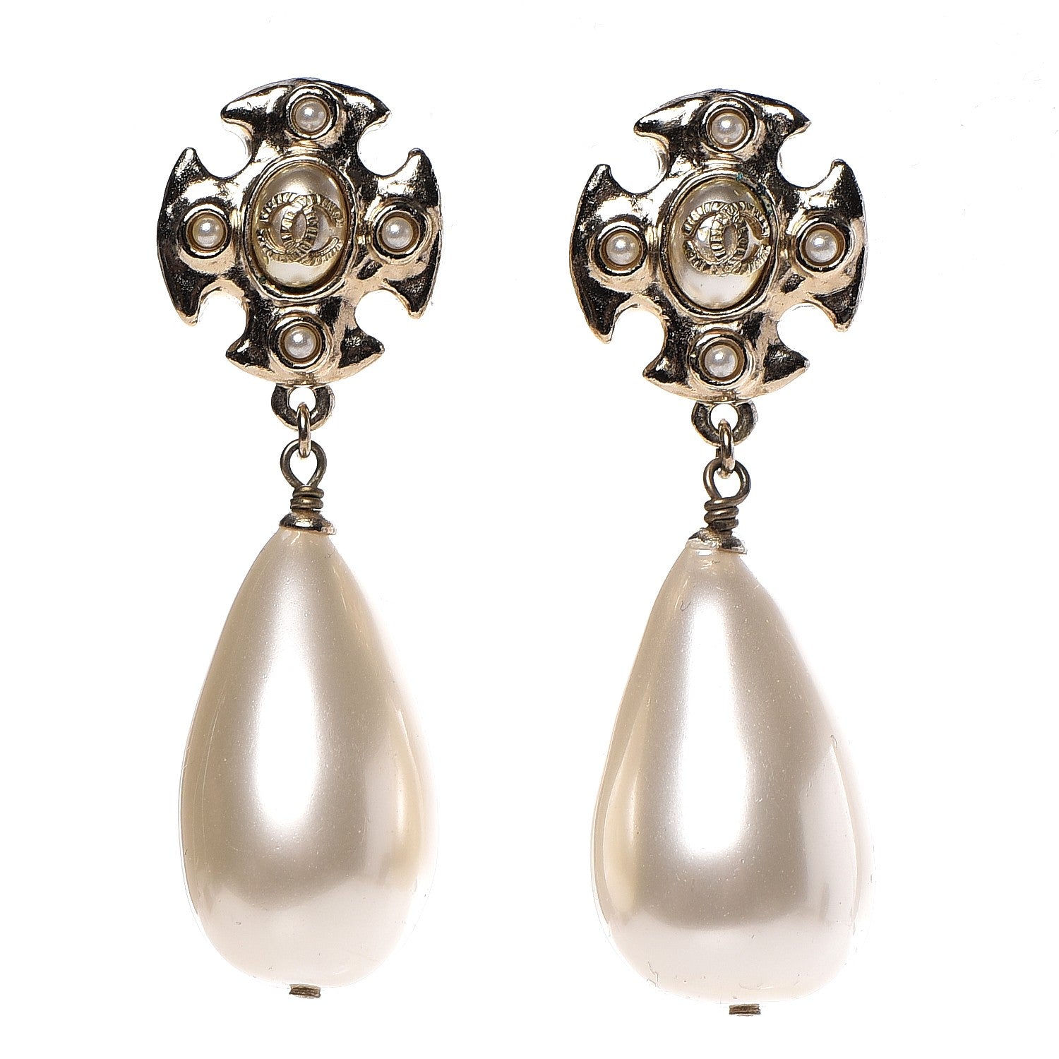 Chanel Pearl Drop CC Clip On Earrings Gold 1 of 5