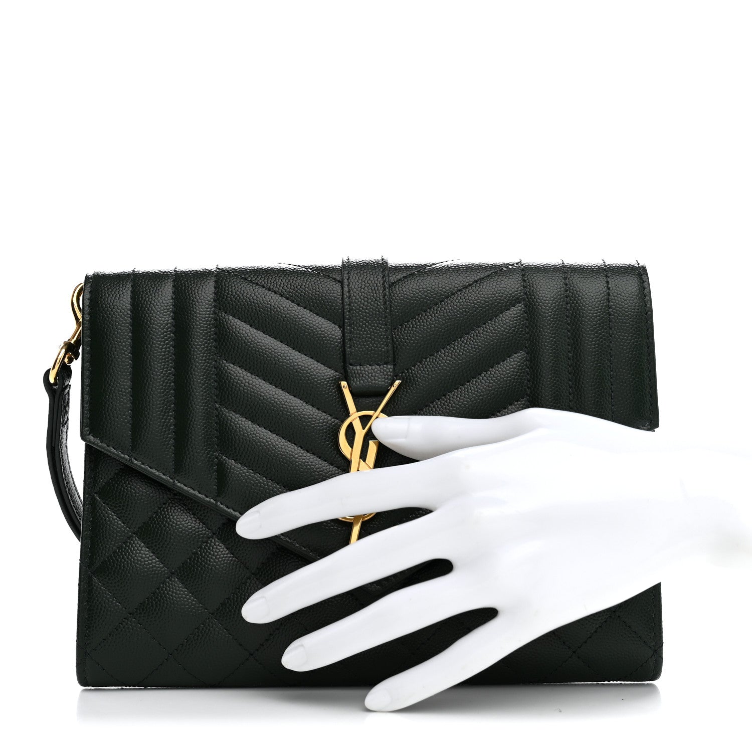 Saint Laurent Grain De Poudre Textured Mixed Matelasse Triquilt Monogram Clutch Vert Fonce 2 of 8