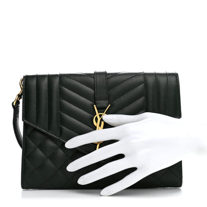 Saint Laurent Grain De Poudre Textured Mixed Matelasse Triquilt Monogram Clutch Vert Fonce 2 of 8