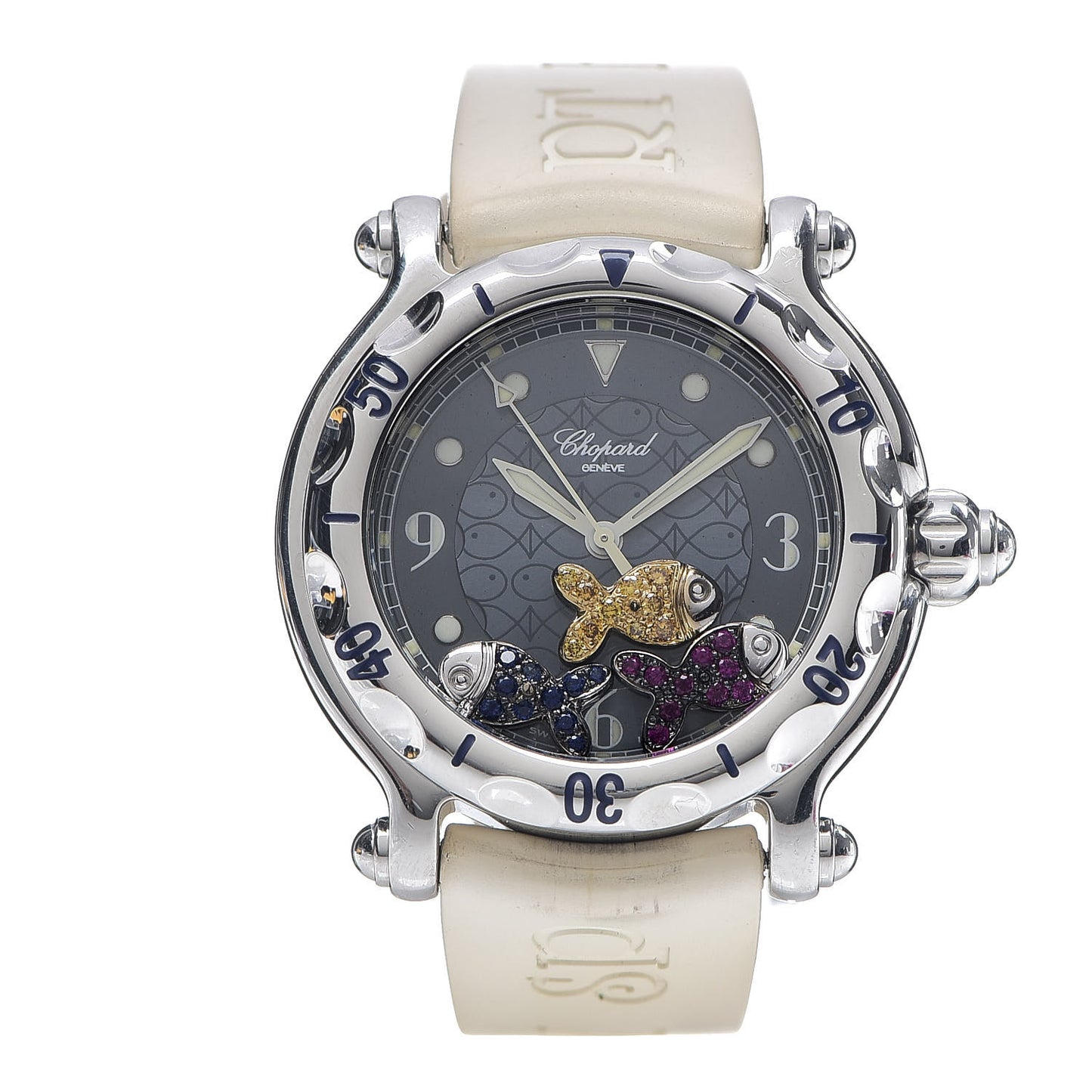 Stainless Steel Rubber Ruby Yellow Sapphire 38mm Happy Sport Fish Quartz Watch Blue