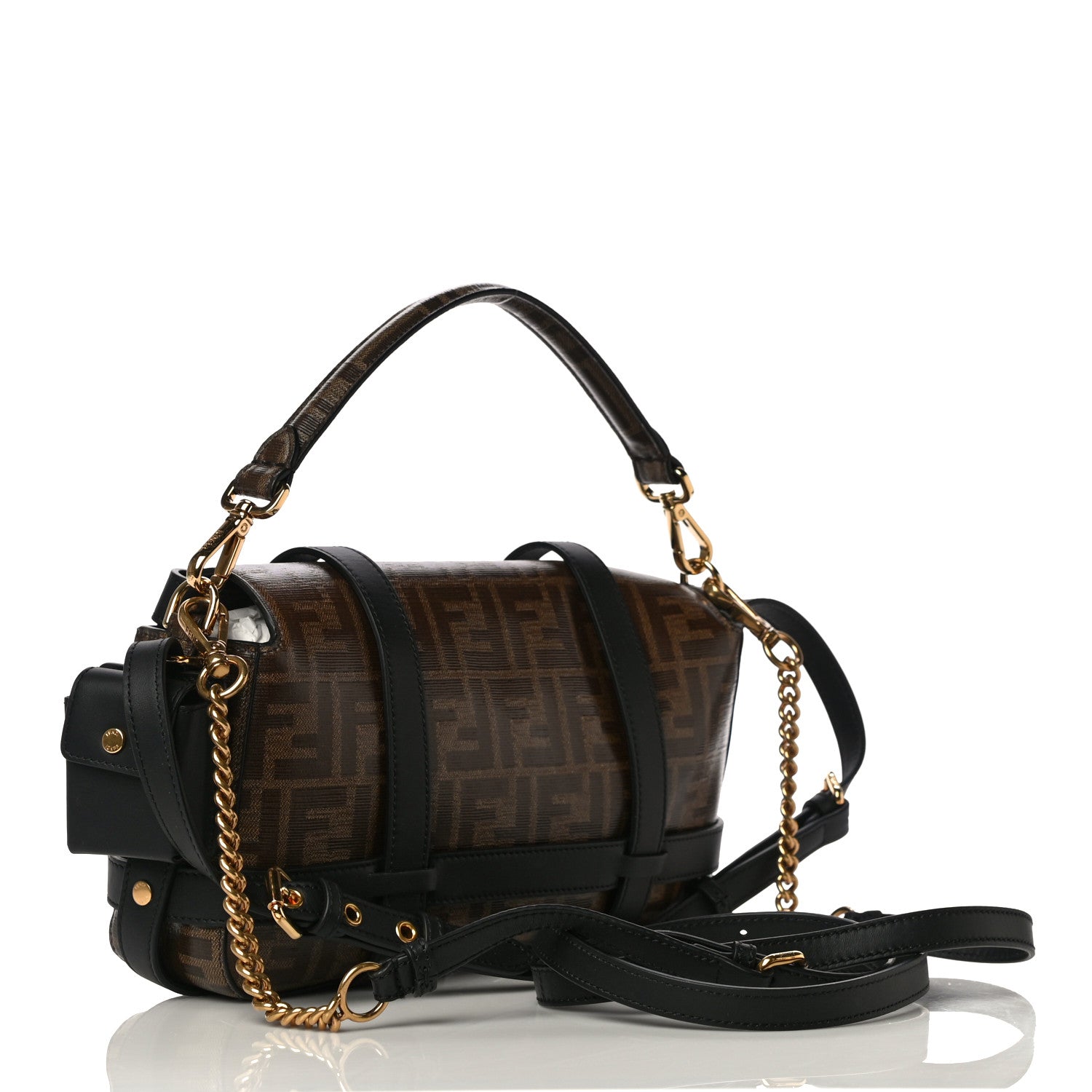 Fendi Glazed Fabric Vitello Century FF 1974 Large Baguette Cage Mogano Panna Black 2 of 9