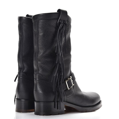 Valentino Garavani Calfskin Shearling Lined Fringe Boots 38 Black 4 of 7
