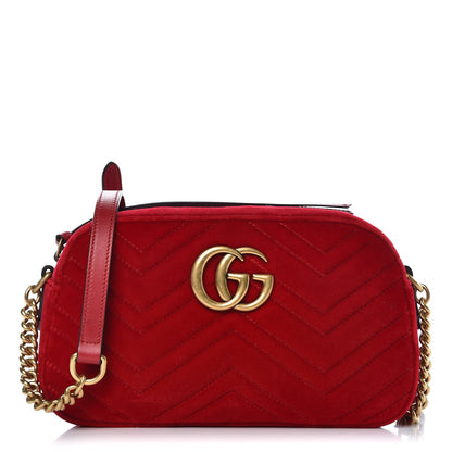 Gucci Velvet Matelasse Small GG Marmont Chain Shoulder Bag Hibiscus Red 1 of 10