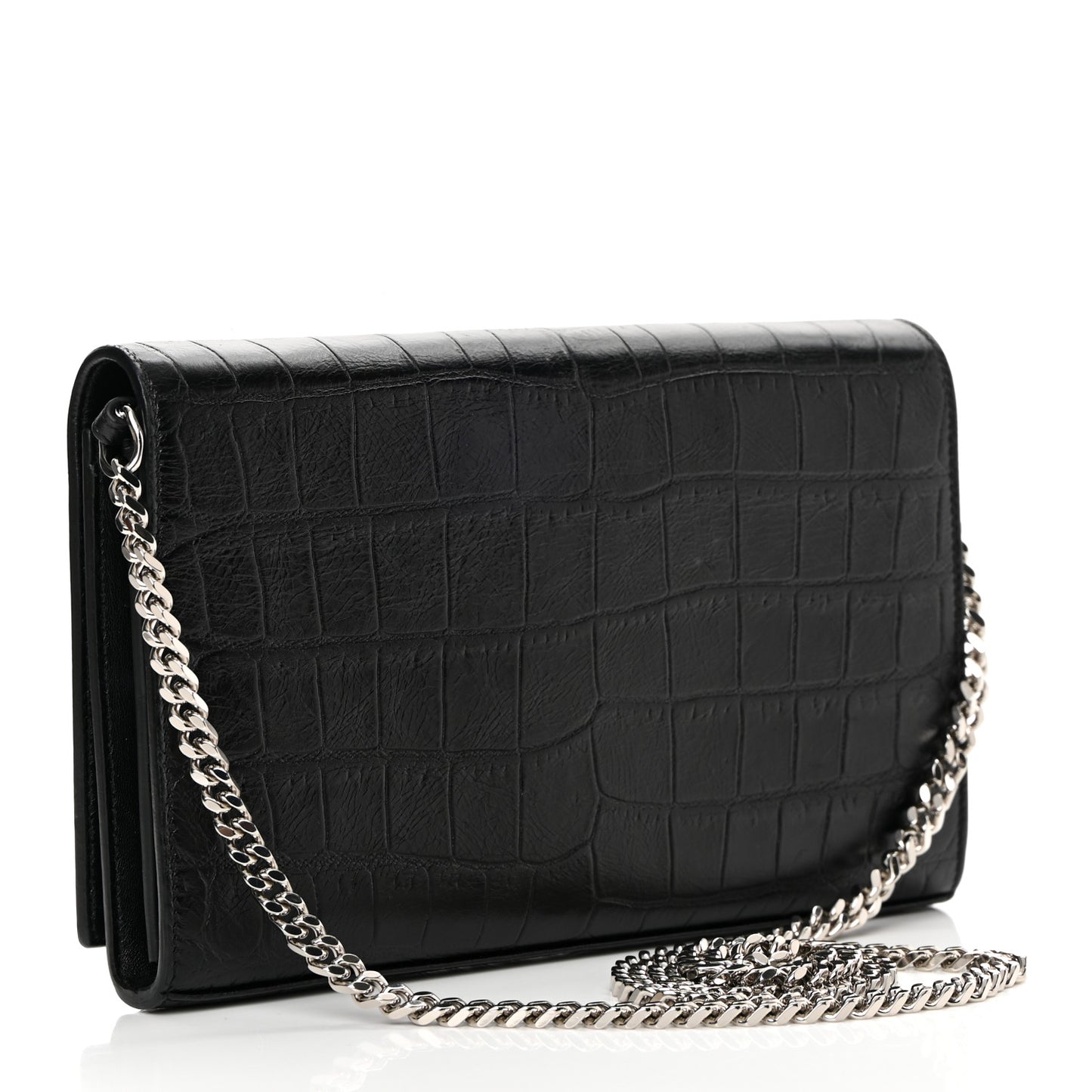 Calfskin Crocodile Embossed Monogram Chain Wallet Black