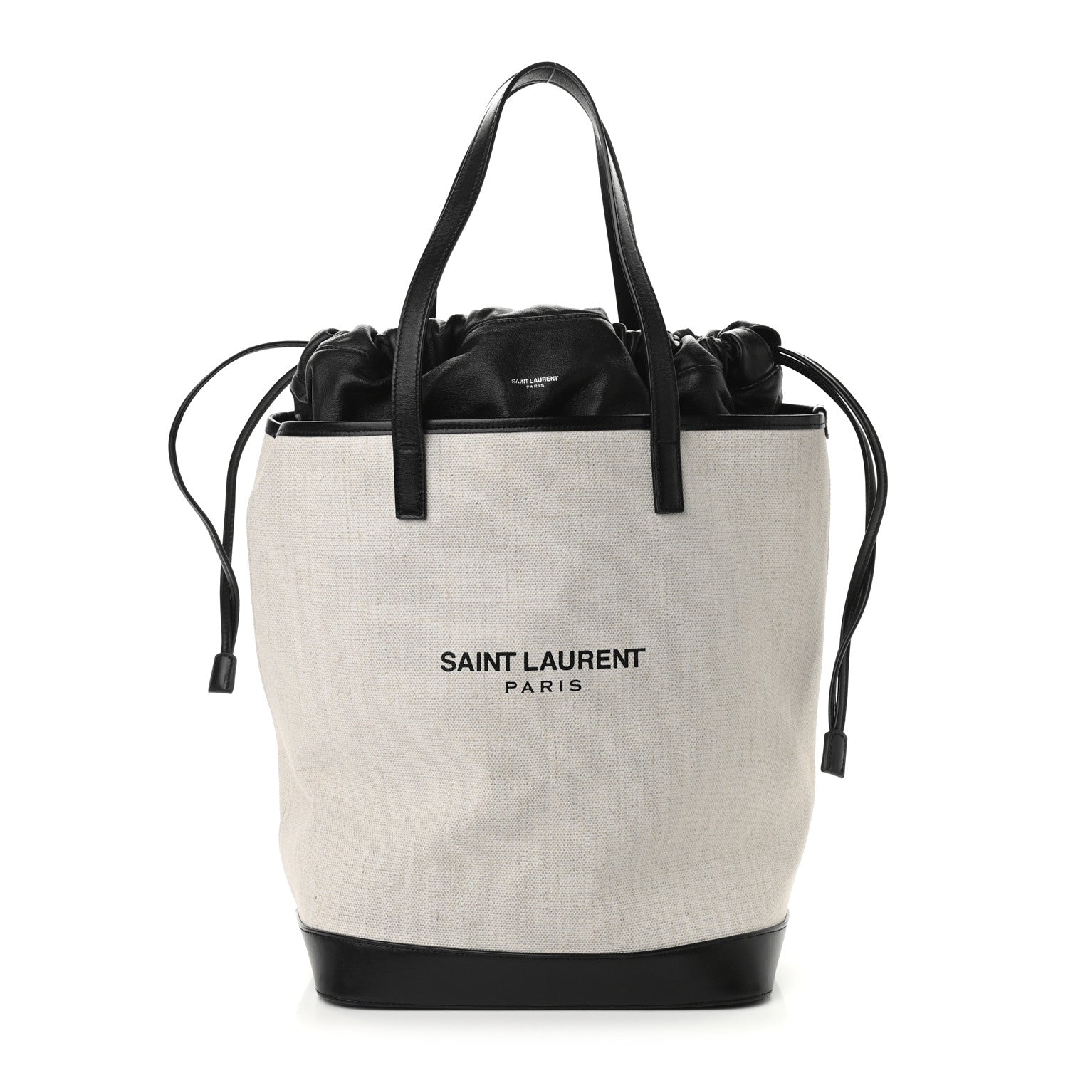 Saint Laurent Canvas Calfskin Teddy Drawstring Shopping Tote White Black 1 of 11