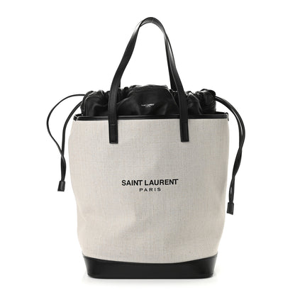 Saint Laurent Canvas Calfskin Teddy Drawstring Shopping Tote White Black 1 of 11