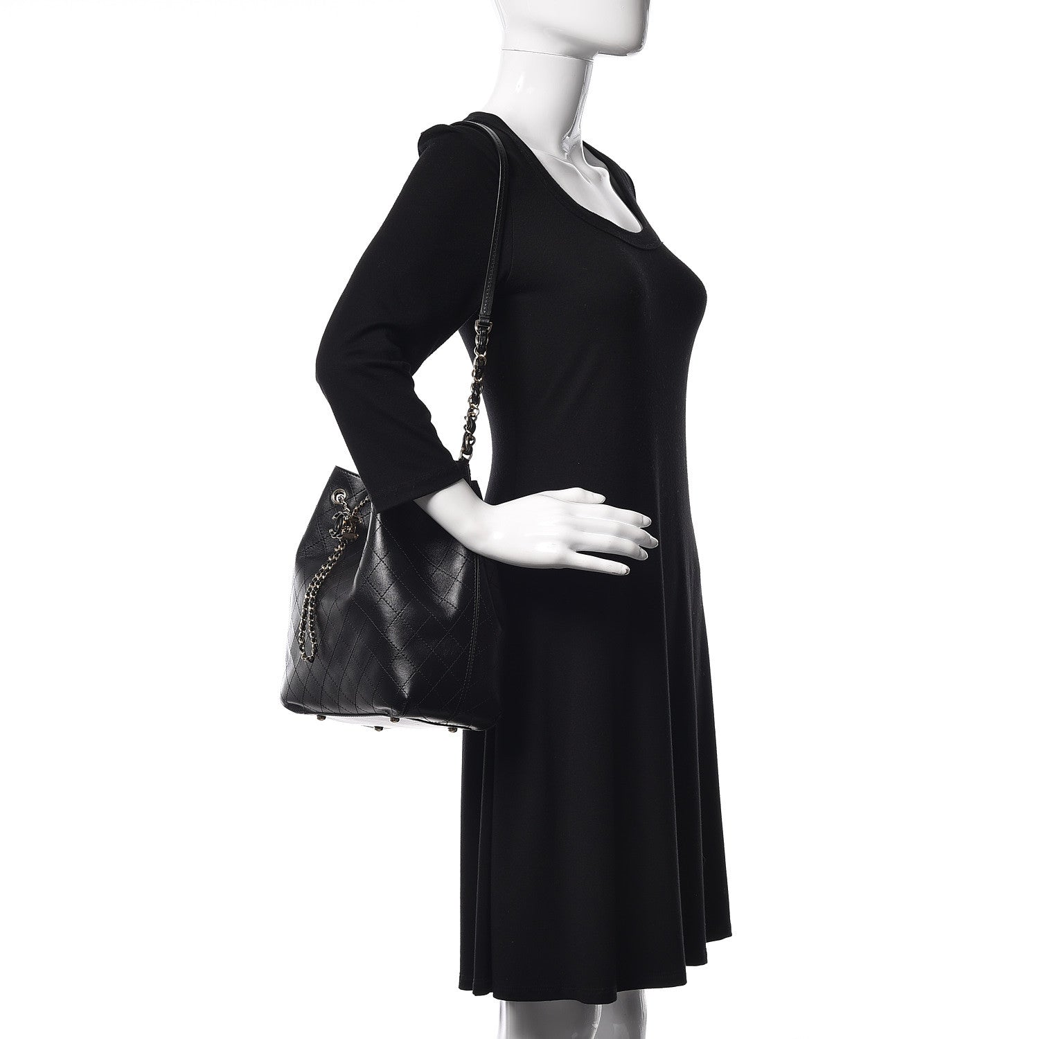 Chanel Calfskin Stitched Drawstring Bag Black 2 of 10