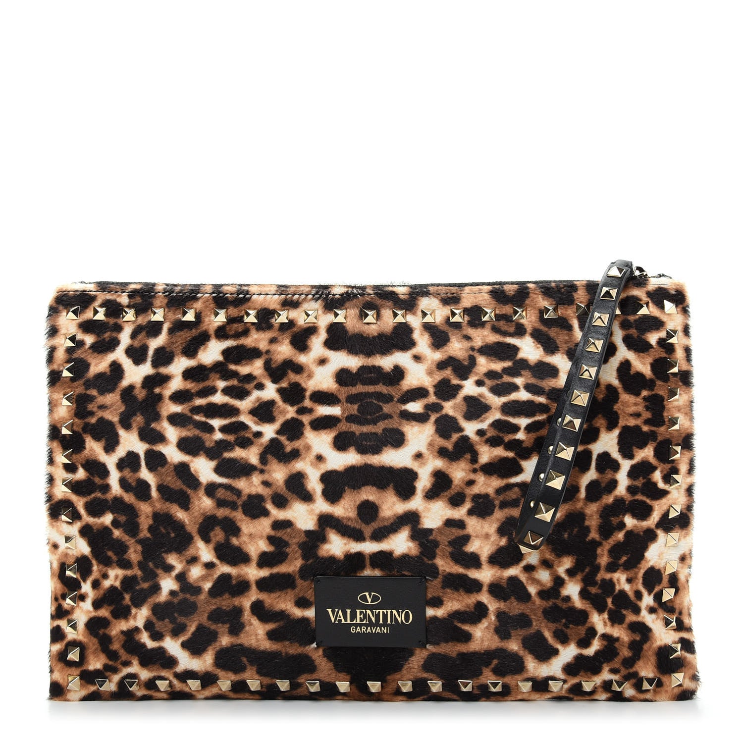 Valentino Garavani Calf Hair Leopard Print Rockstud Zip Wristlet Pouch Leopard 1 of 7