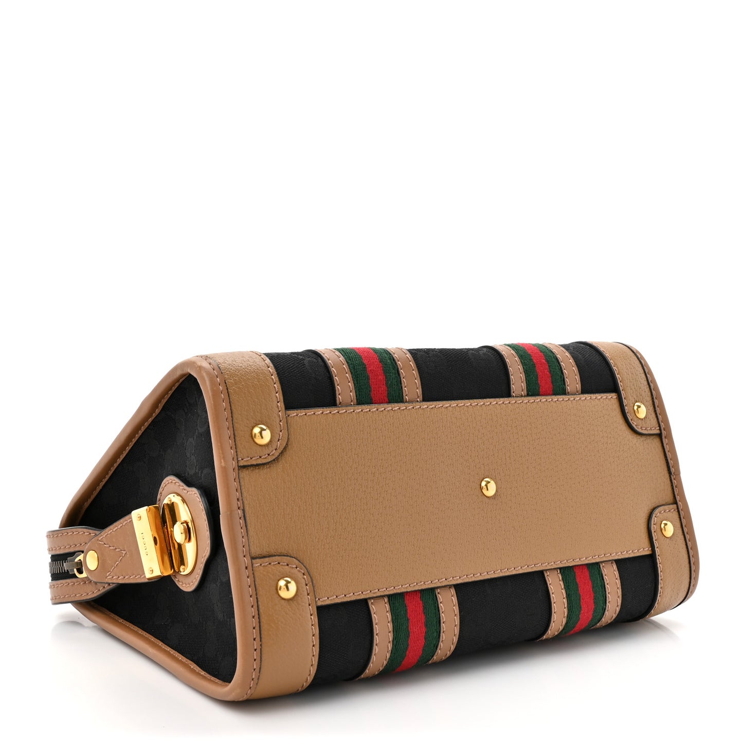 Monogram Textured Dollar Calfskin Web Small Bauletto Duffle Top Handle Bag Black Koi Beige