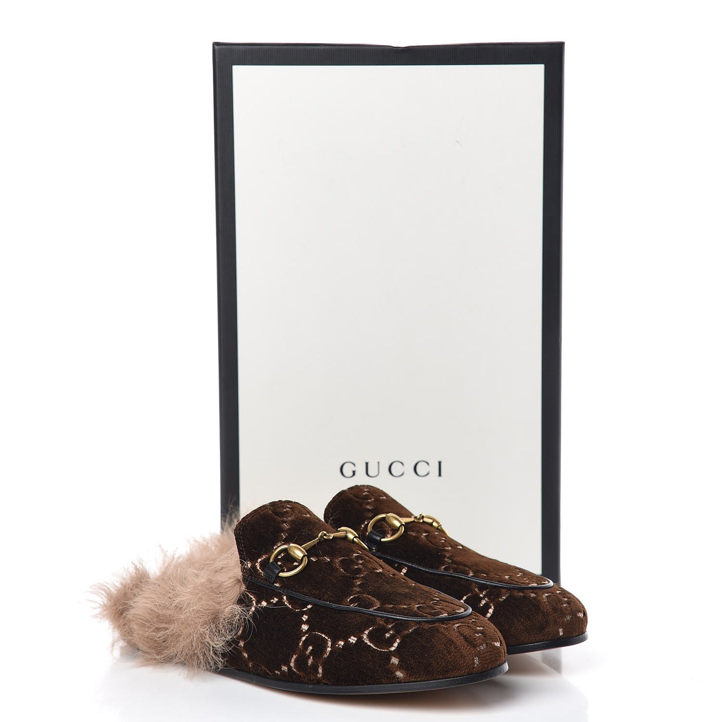 Velvet GG Monogram Fur Womens Princetown Slippers 36 Brown Black Natural