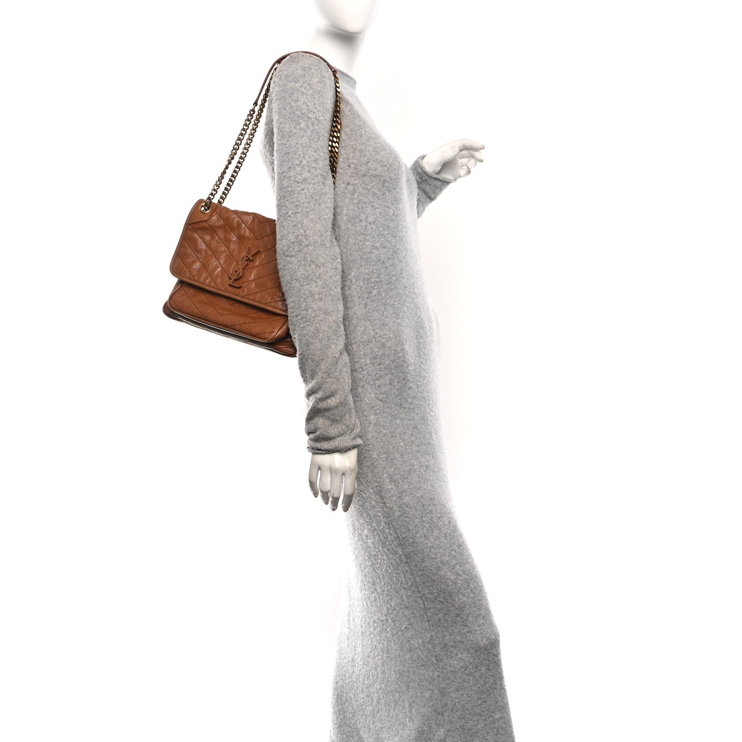 Crinkled Calfskin Matelasse Monogram Medium Niki Chain Satchel Caramel