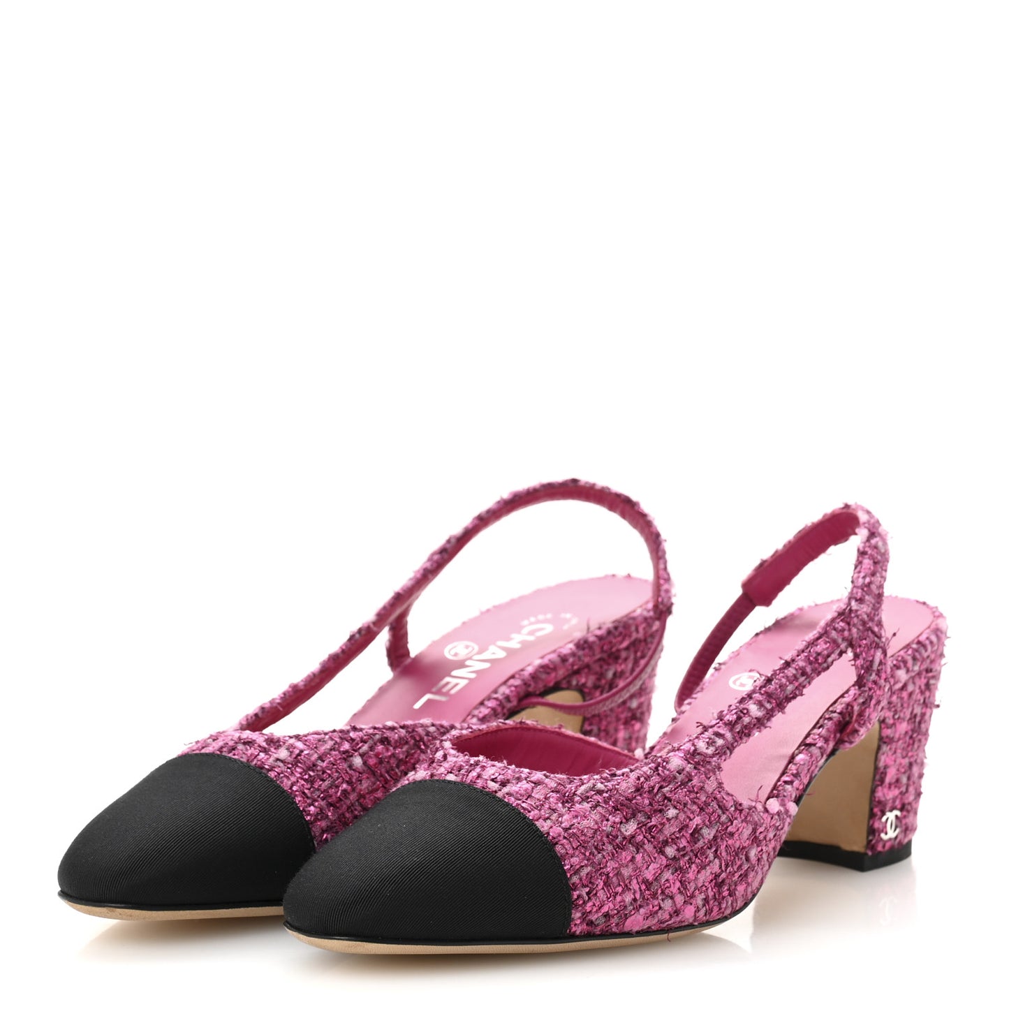 Metallic Tweed Grosgrain Cap Toe CC Slingback Pumps 36 Pink Black 38.5 Pink Black