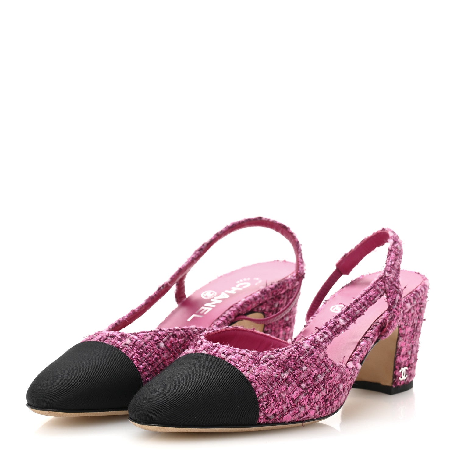 Chanel Metallic Tweed Grosgrain Cap Toe CC Slingback Pumps 36 Pink Black 38.5 Pink Black 4 of 9