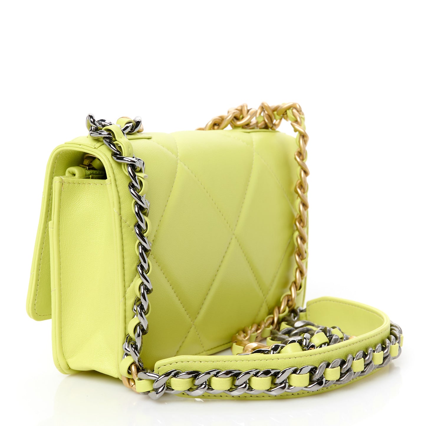 Shiny Lambskin Quilted Chanel 19 Wallet On Chain WOC Neon Yellow