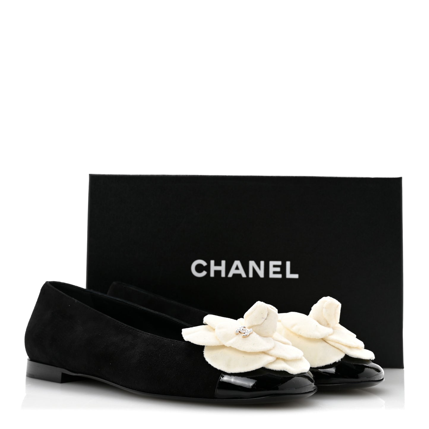 Suede Patent Cap Toe Camellia Ballerina Flats 37.5 Black White