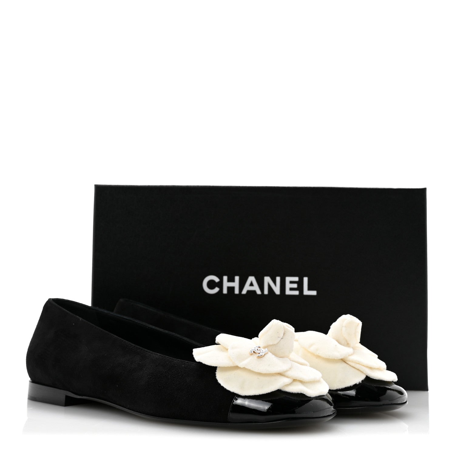 Chanel Suede Patent Cap Toe Camellia Ballerina Flats 37.5 Black White 10 of 10