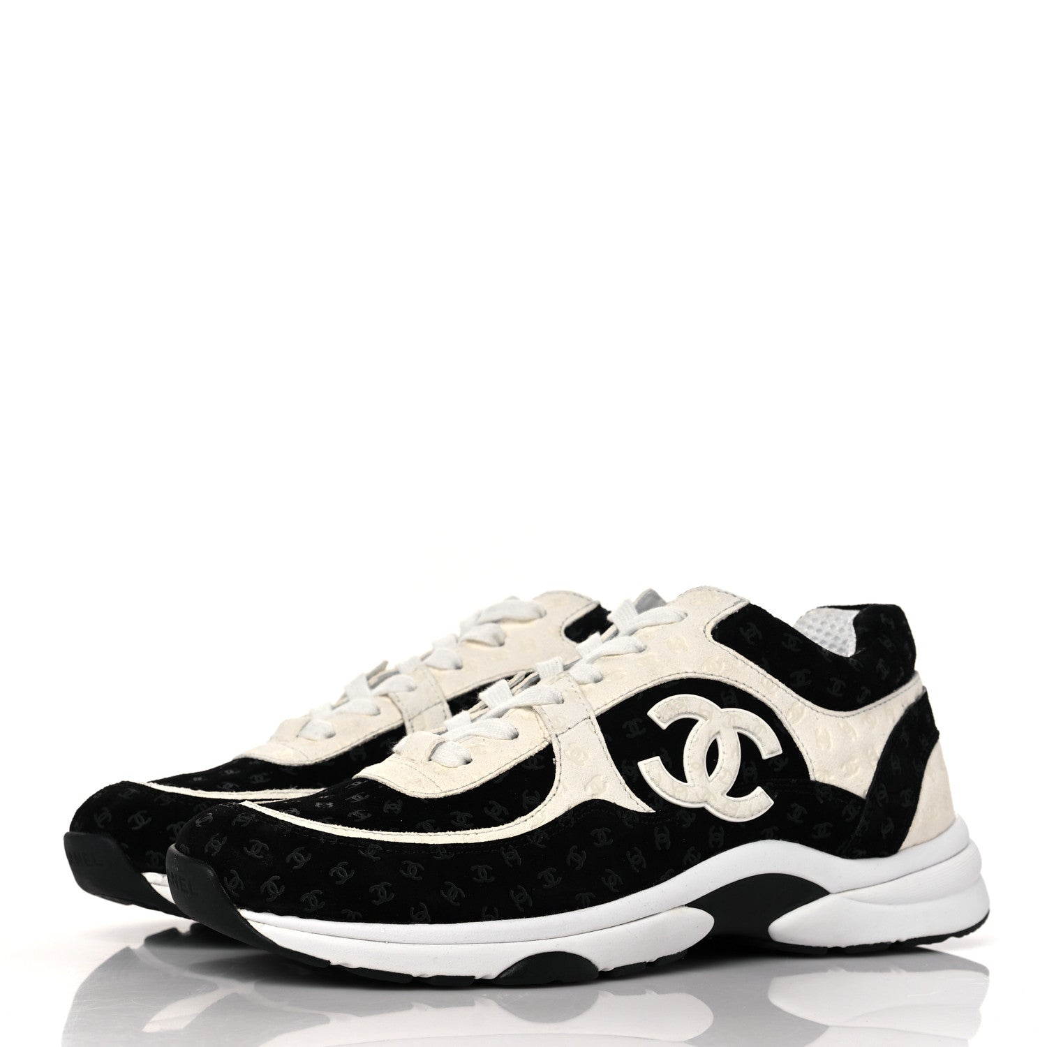 Chanel Nylon Suede Calfskin Printed CC Sneakers 41.5 White Black 3 of 8
