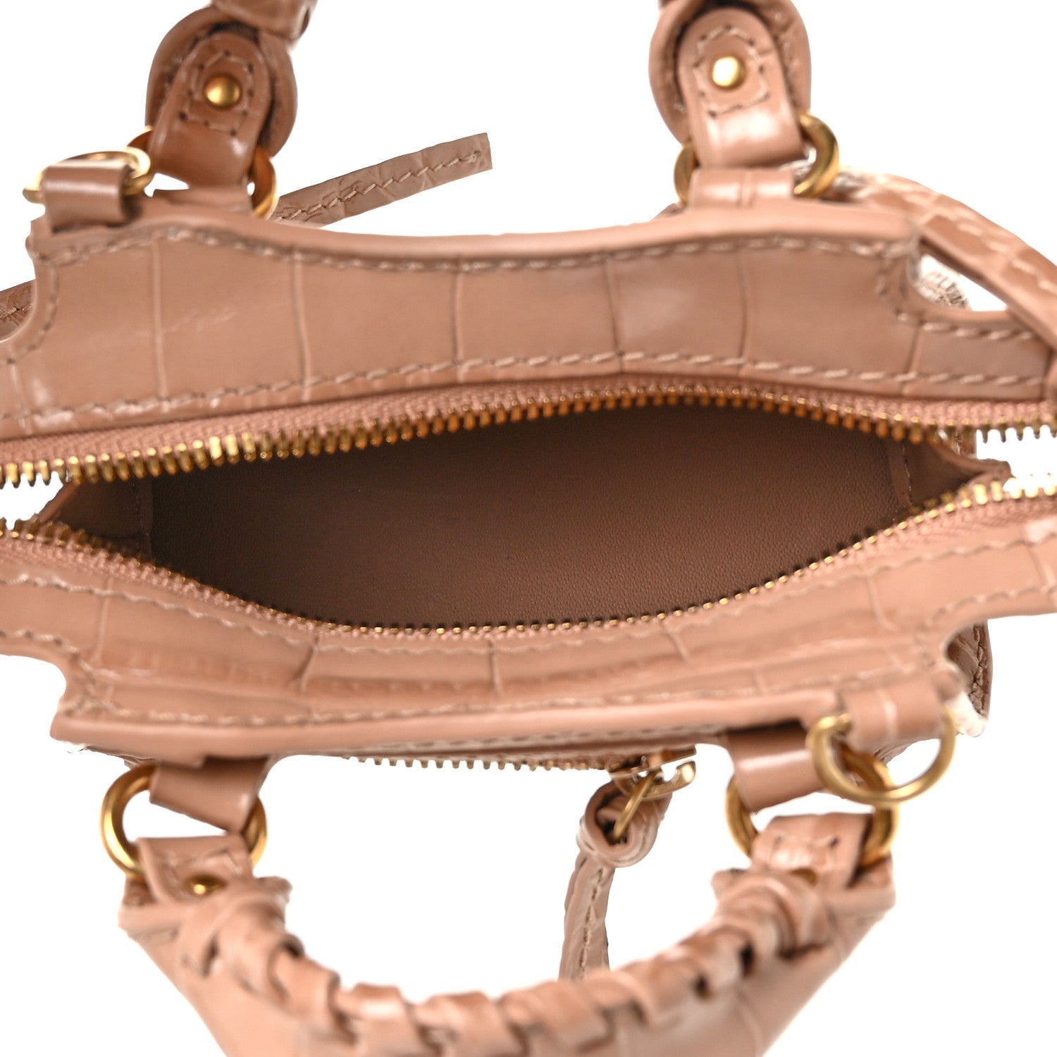 Balenciaga Shiny Supple Calfskin Crocodile Embossed Neo Classic Gold Hardware Super Nano City Crossbody Nude Beige 4 of 9